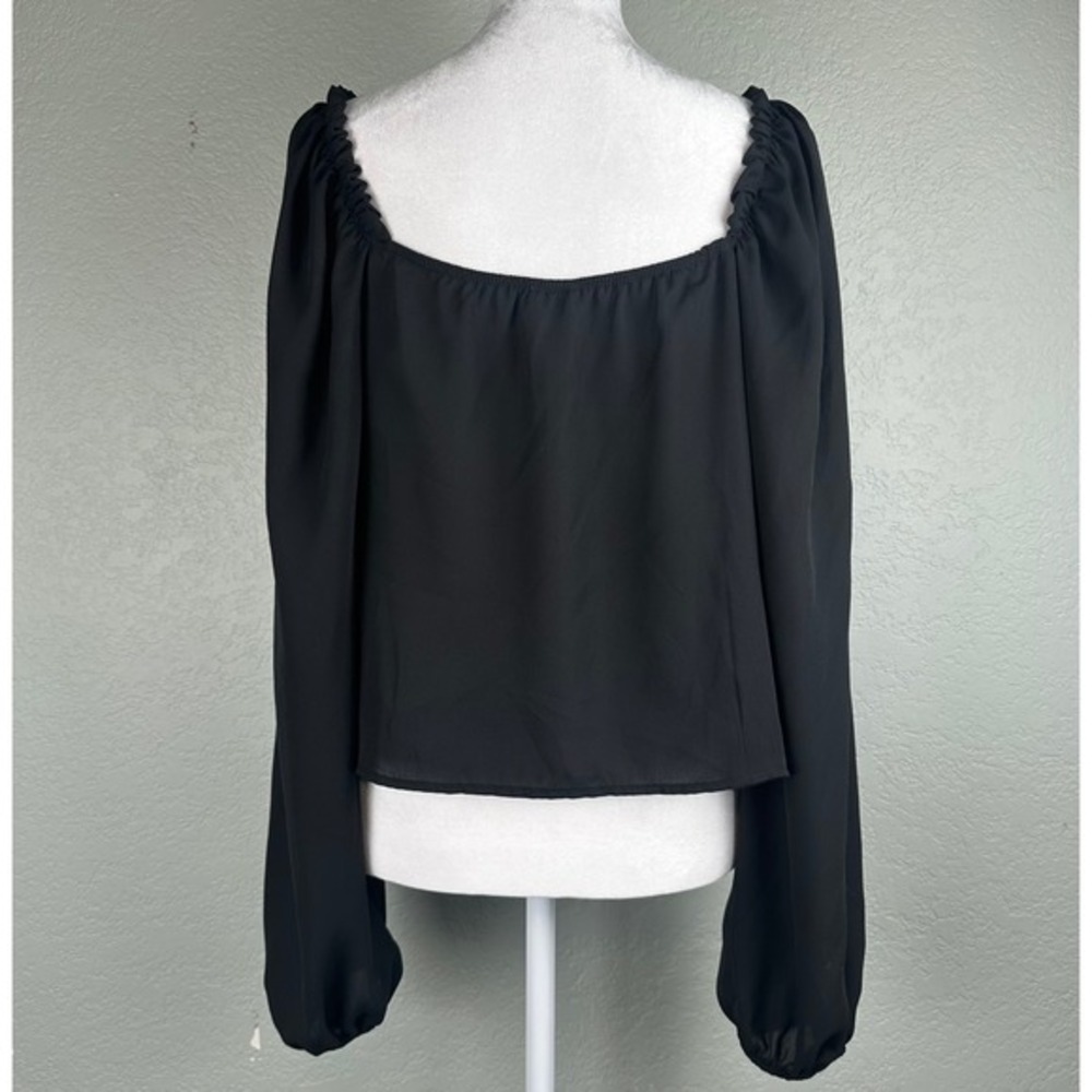 Abound Peasant Top Sz L Black Blouse Square Neck Ruched‎ Puff Sleeve Cottagecore - Picture 3 of 13